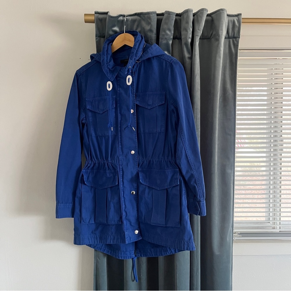 J Crew Women’s Blue Lagoon Fatigue Hooded Boyfriend Utility Jacket Cinch Waist - Picture 3 of 16